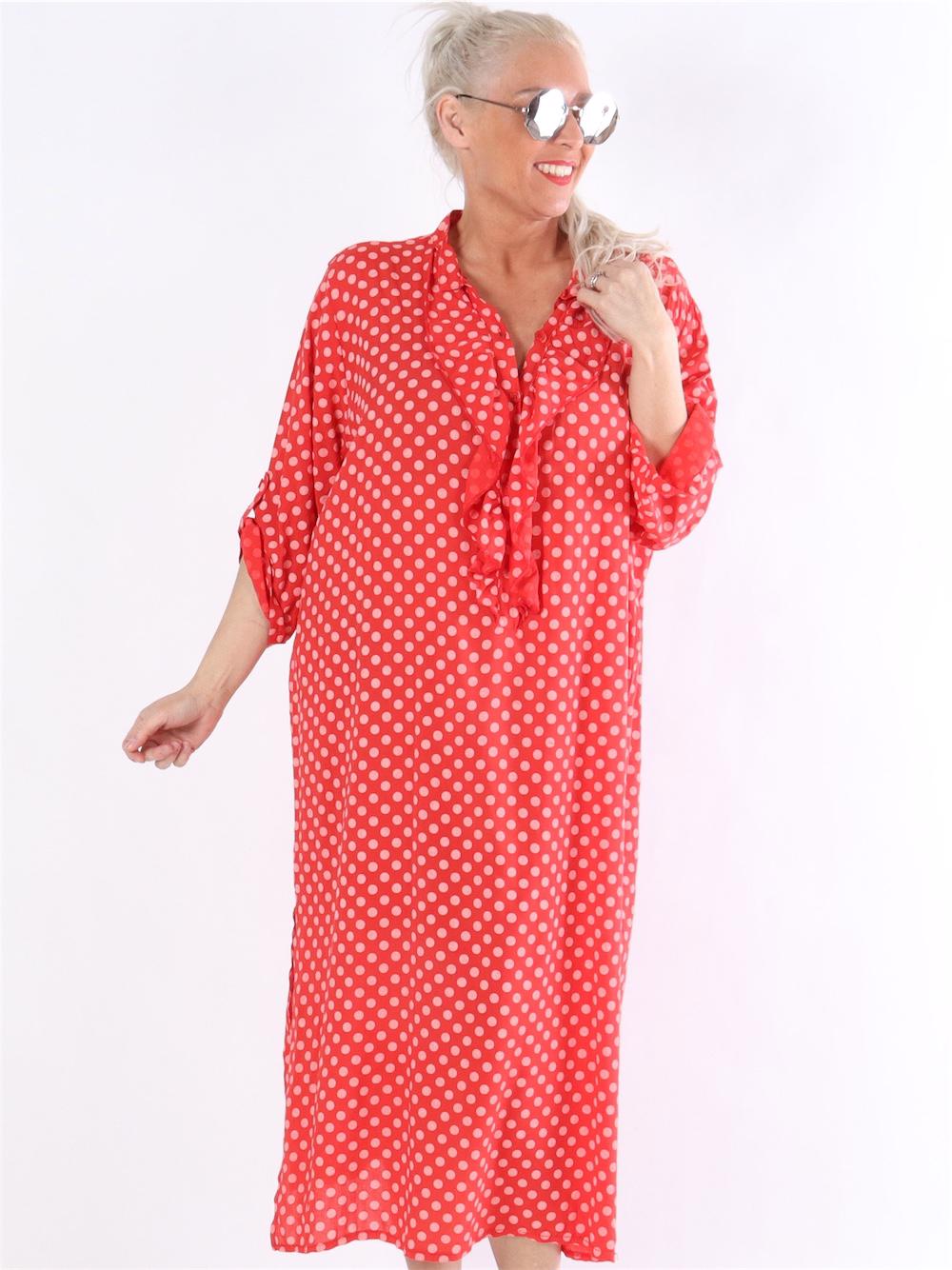 Bonita Dot - Prikket skjortekjole med flæser i udskæringen